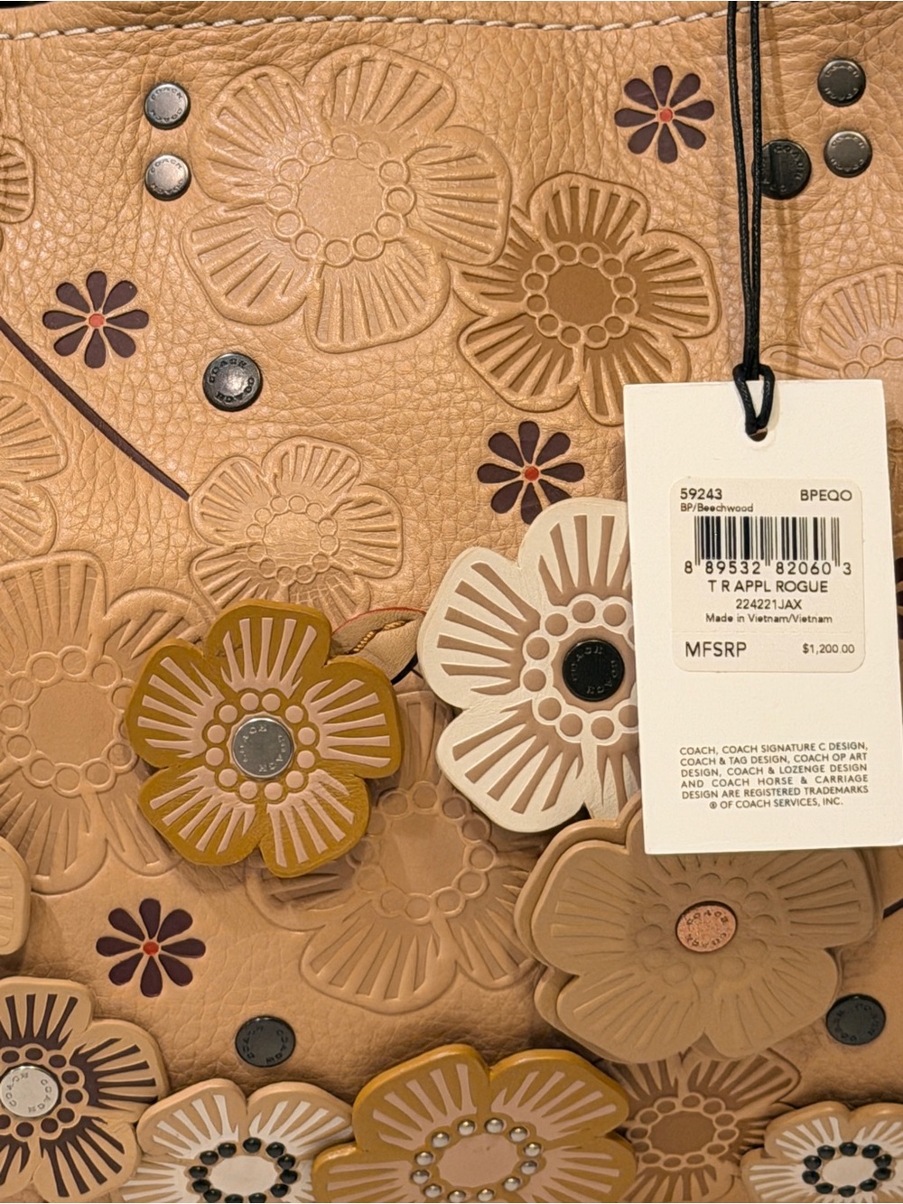 NWT Rare Coach Leather 1941 Tea Rose Rogue Handbag with Floral Appliqués - Picture 7 of 11